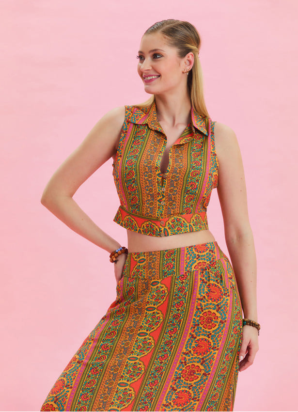 Orange Crop Blouse with Shirt Collar Button Detail 4629